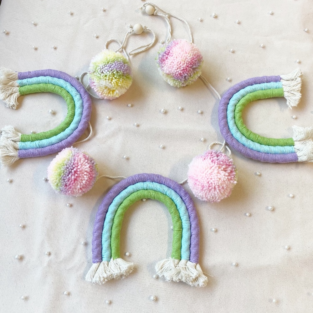 Handmade Rainbow Pom Pom Garland Baby Room Decor Party Decoration Easter Decor